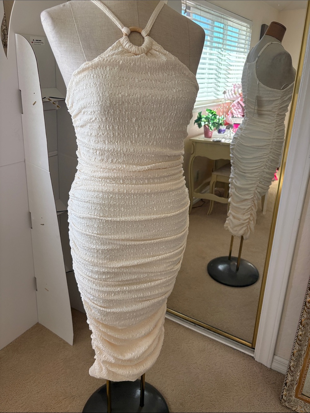 Likely Carmona Cream Halter Ruched Midi Dress